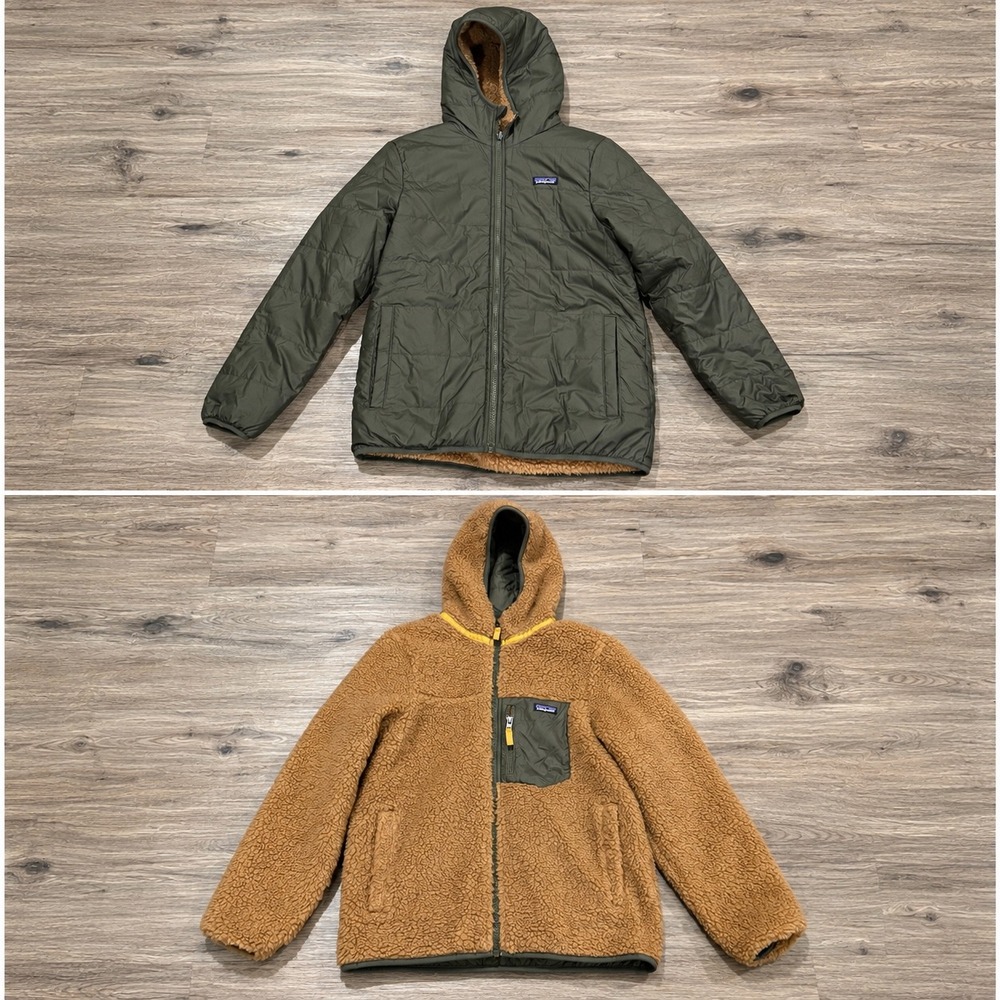 Patagonia Reversible Ready Freddy Hoody Kids XL 14 Green Brown NWOT 68095